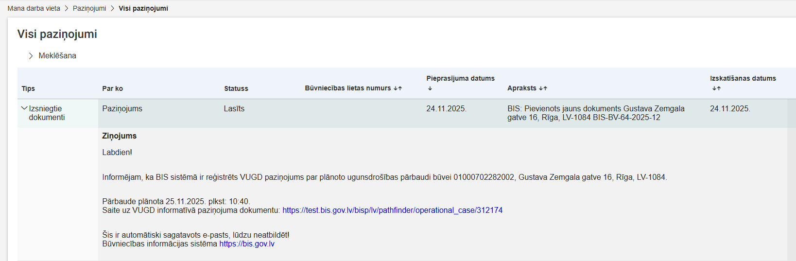 Attēls. Paziņojums par VUGD plānoto ugunsdrošības pārbaudi.