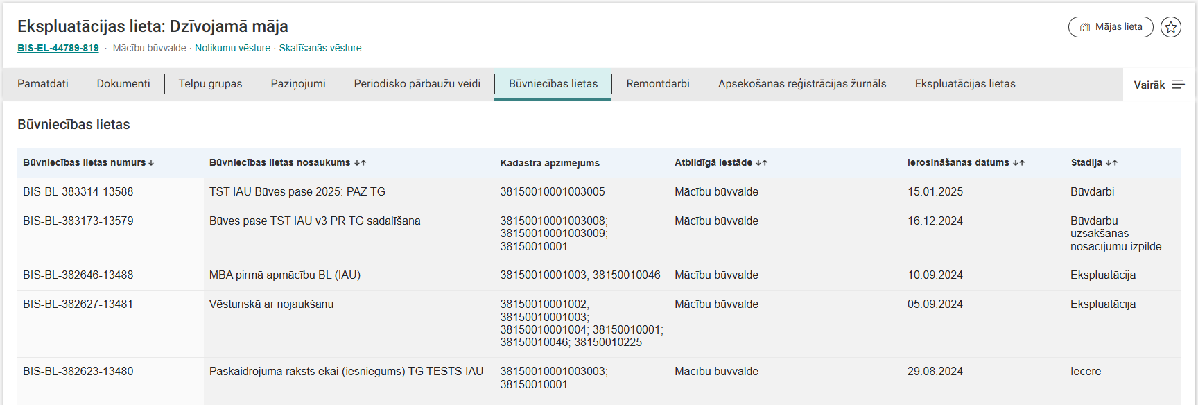 Attēls. Ekspluatācijas lietas sadaļa “Būvniecības lietas”.