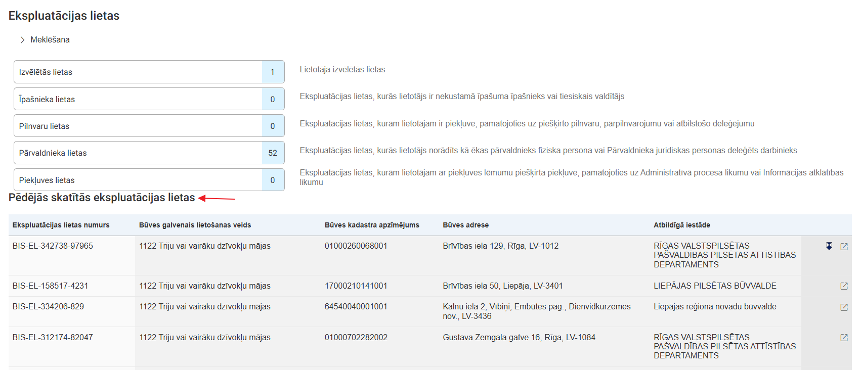 Attēls. Pēdējās skatītās ekspluatācijas lietas.
