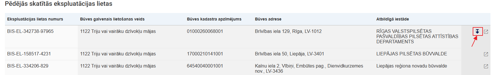 Attēls. Ekspluatāciju lietu sarakstā ēka ar pazīmi 'Kultūras piemineklis vai teritorija'.