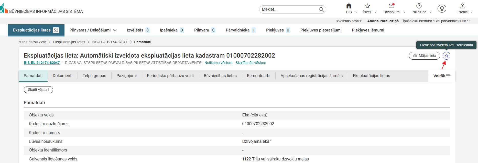 Attēls. Pievienot Ekspluatācijas lietu sarakstam %22Izvēlētās%22.
