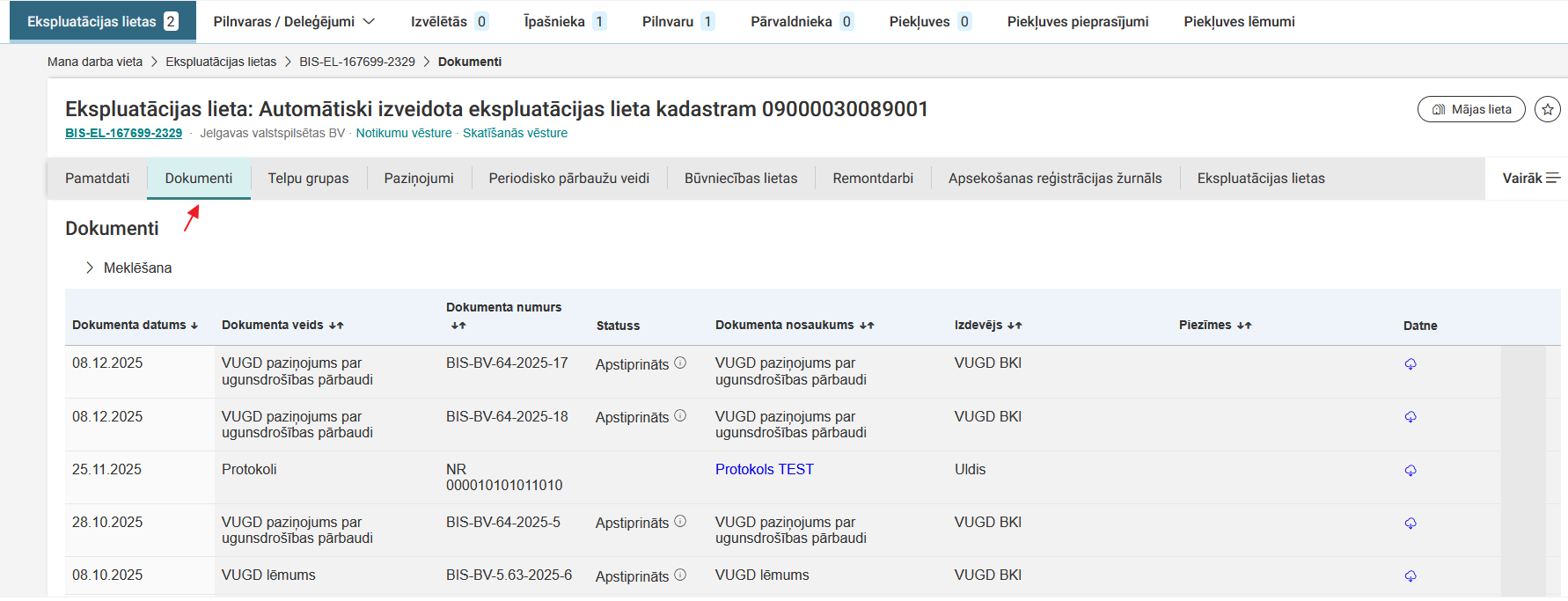 Attēls. Ekspluatācijas lietas sadaļa %22Dokumenti%22.