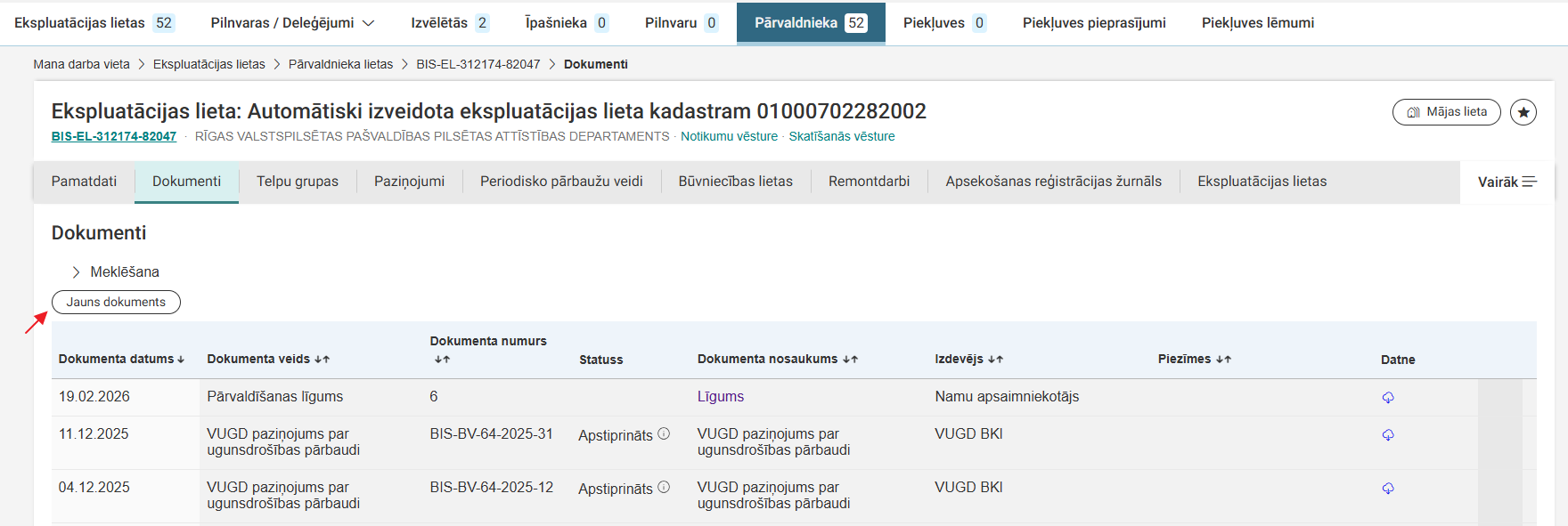 Attēls. Jauna dokumenta veidošana ekspluatācijas lietā.