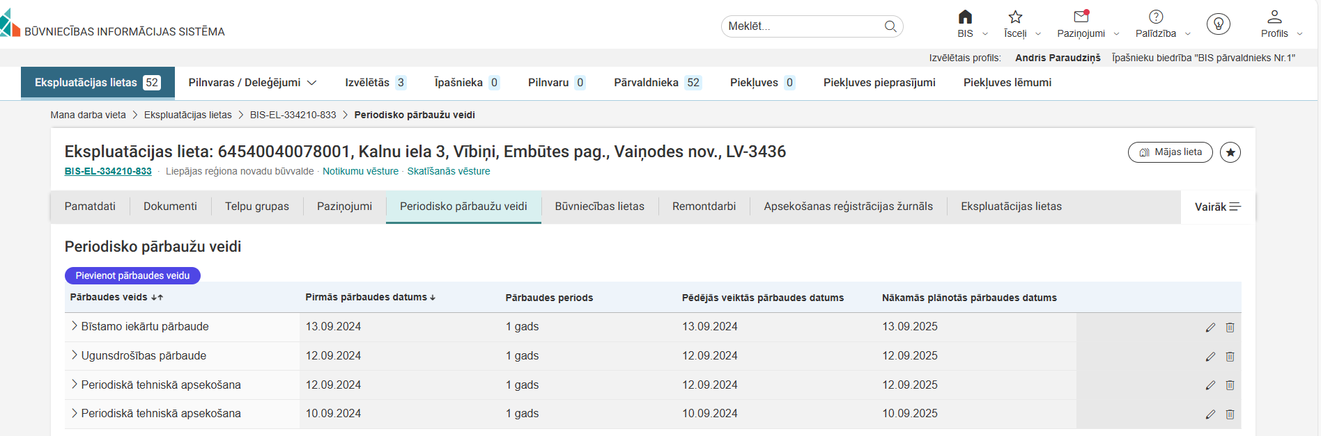 Attēls. Ekspluatācijas lietas sadaļa “Periodisko pārbaužu veidi”.
