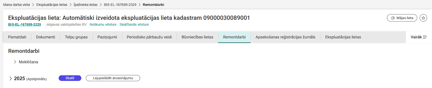 Attēls. Ekspluatācijas lietas sadaļa “Remontdarbi”.