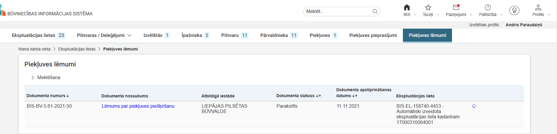 Attēls. Piekļuves lēmumu saraksta izvēle.
