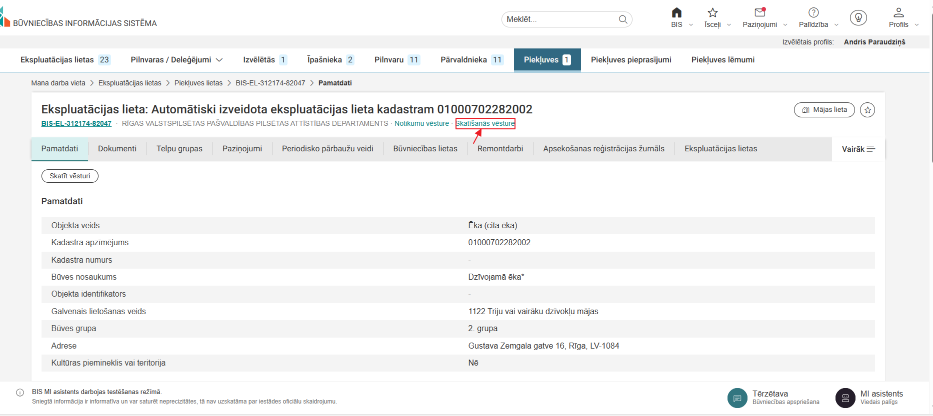 Attēls. Atvērt Ekspluatācijas lietas skatīšanās vēstures žurnālu.