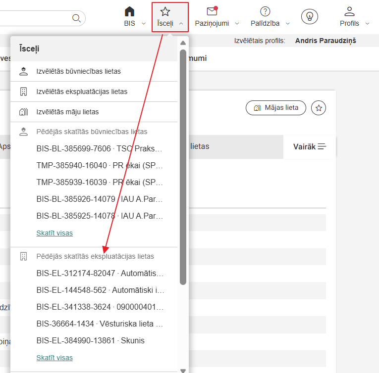 Attēls. Pēdējās skatītās ekspluatācijas lietas.