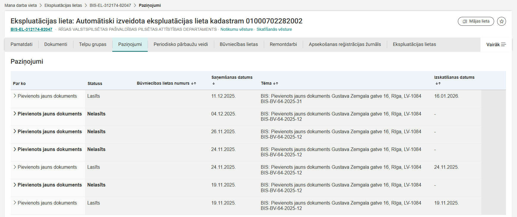 Attēls. Ekspluatācijas lietas sadaļa “Paziņojumi”.