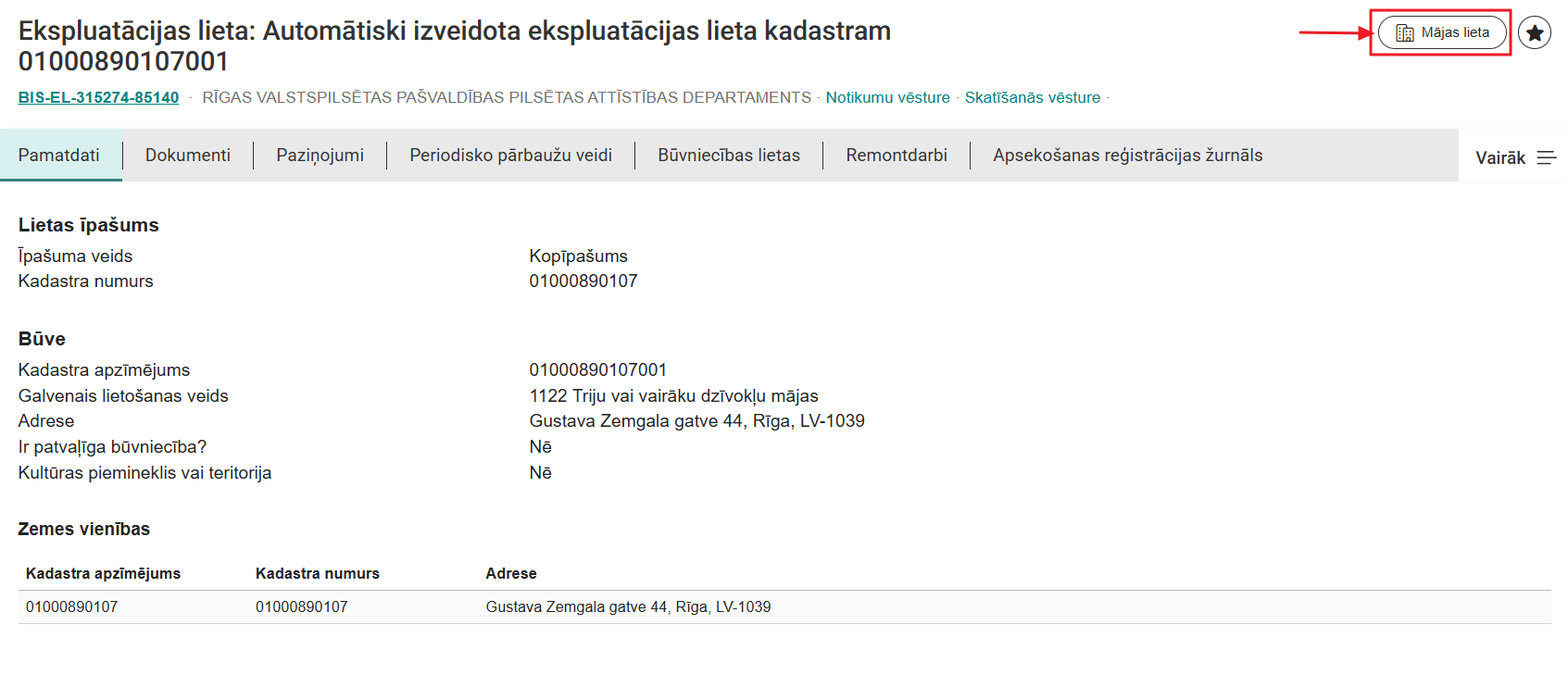 Attēls. Mājas lietas atvēršana no Ekspluatācijas lietas.