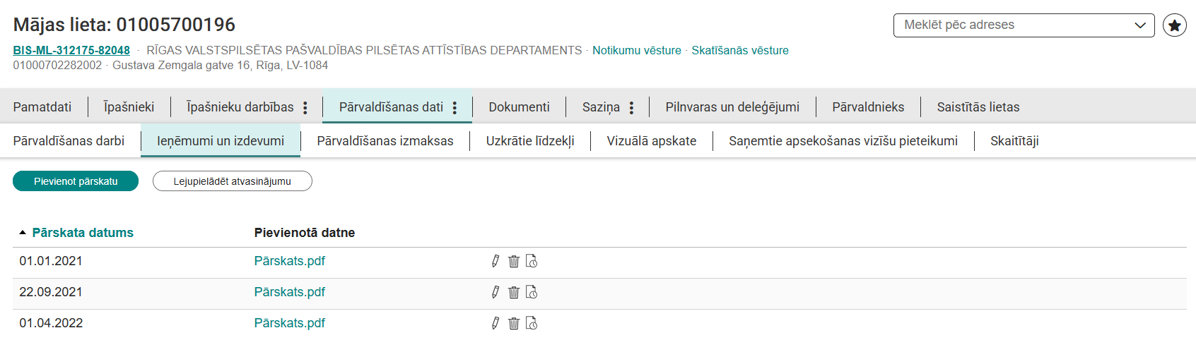 Attēls. %22Ieņēmumu/izdevumu%22 pārskatu saraksts.