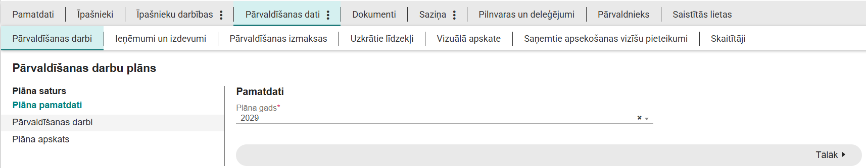 Attēls. Pārvaldīšanas darbu plāna ievade. Solis %22Plāna pamatdati