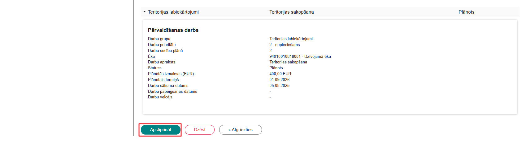Attēls. Mājas lietas pārvaldīšaas darbu plāns. Sadaļa %22Plāna apskats%22.