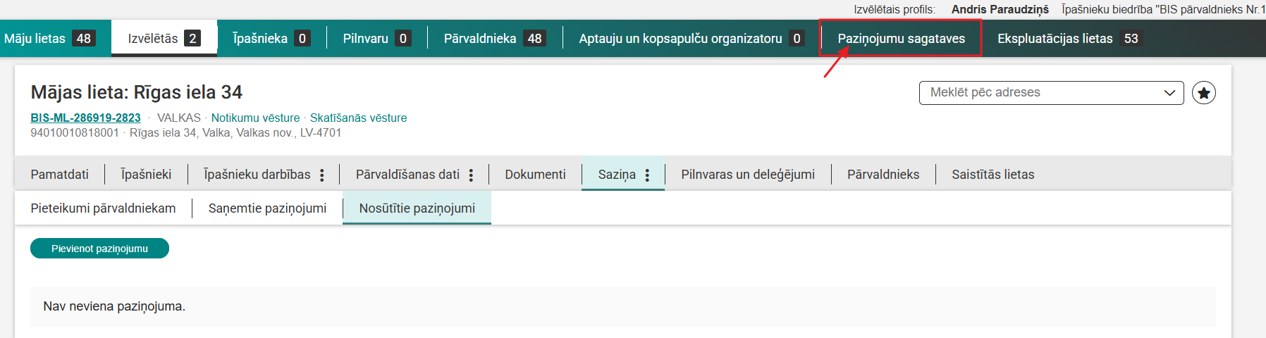 Attēls. Atvērt sadaļu %22Paziņojumu sagataves%22.