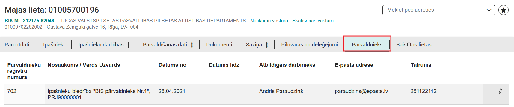 Attēls. Mājas lietas sadaļa “Pārvaldnieks”.