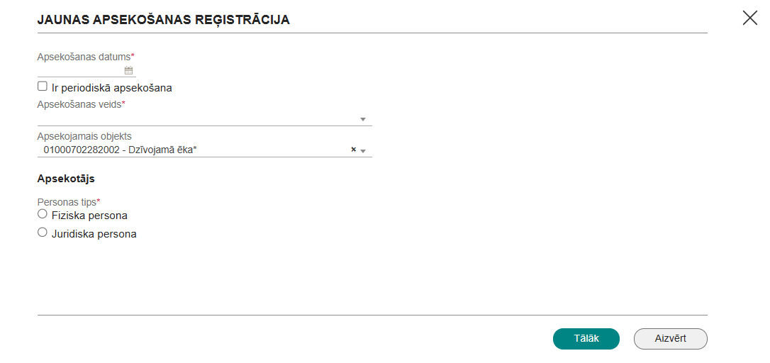 Attēls. Jaunas apsekošanas reģistrācija.