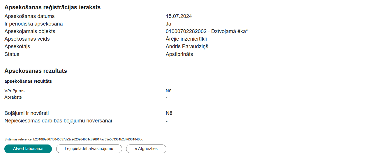 Attēls. Apsekošanas reģistrācijas ieraksta detalizētās apskates forma.