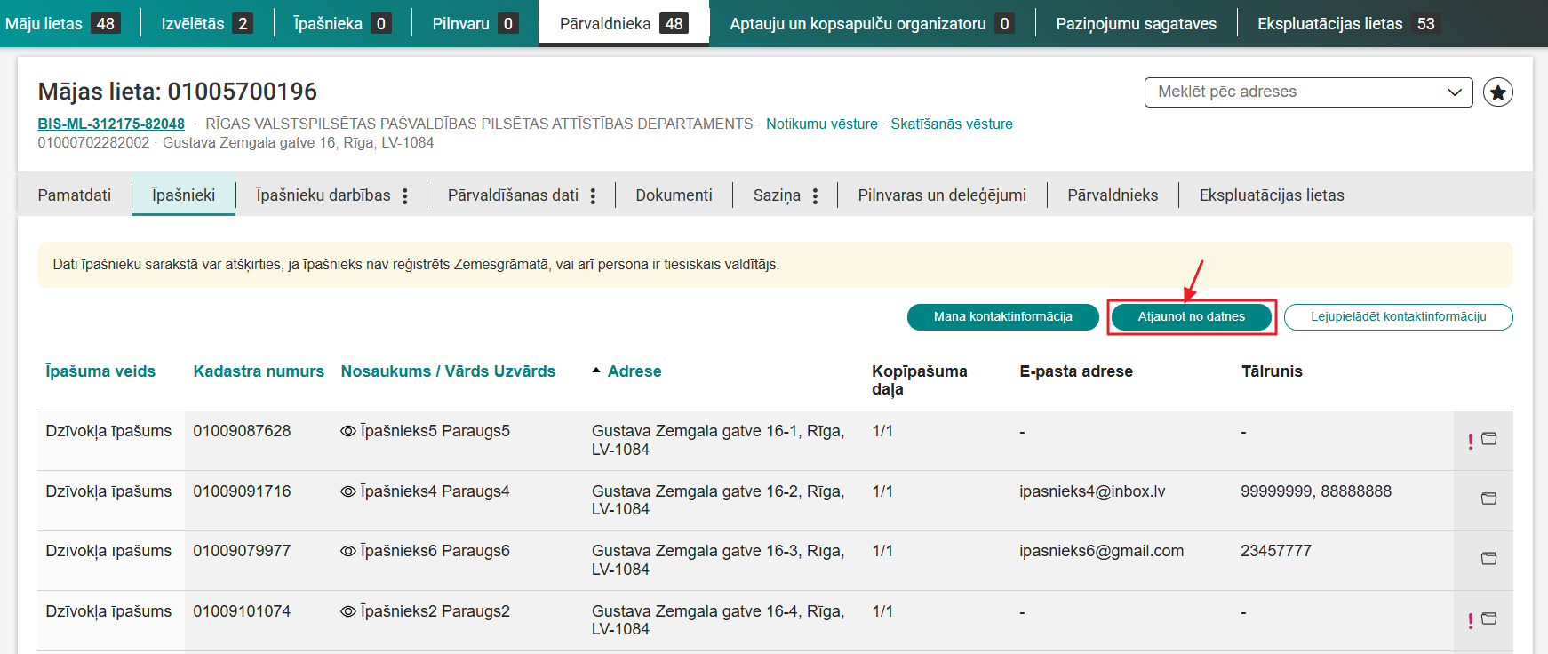 Attēls. Atjaunot no datnes īpašnieku kontaktinformāciju.