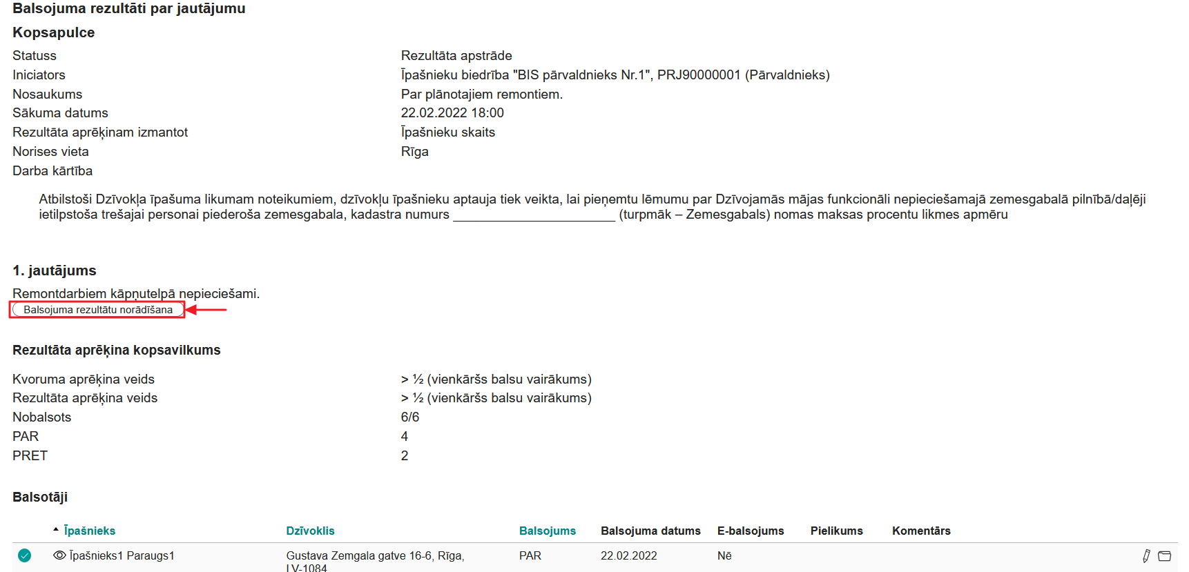 Attēls. Kopsapulce. Balsojumu rezultātu forma.