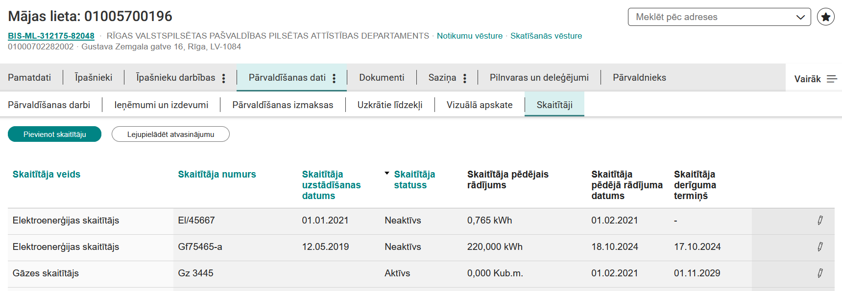 Attēls. Mājas lietas sadaļa “Skaitītāji”.