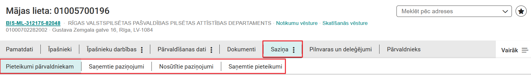 Attēls. Sadaļa %22Saziņa%22 Mājas lietas galvenajā izvēlnē.