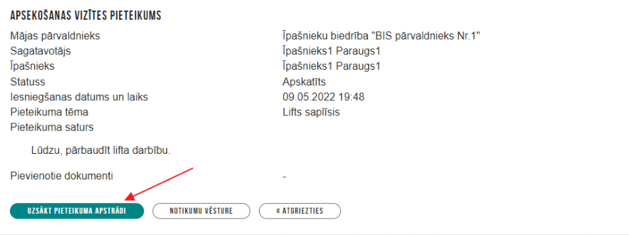 Attēls. Saņemtās apsekošanas vizītes pieprasījuma apstrādes uzsākšana.