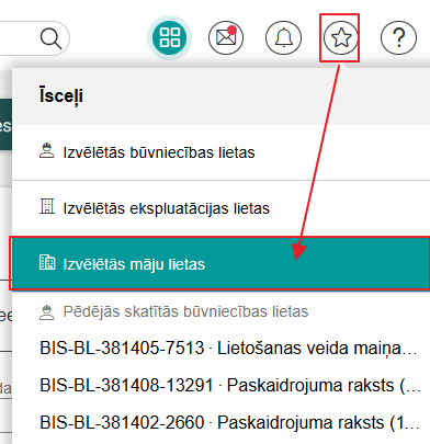 Attēls. Atvērt Izvēlēto māju lietu sarakstu.