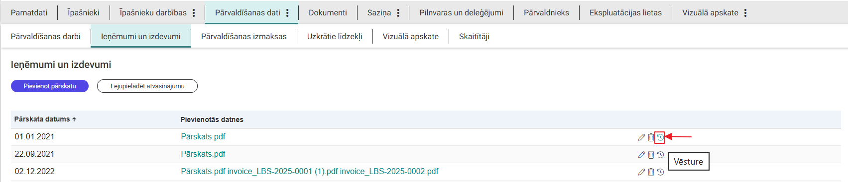 Attēls. Mājas lietas ieņēmumu / izdevumu pārskata notikumu vēstures žurnāls.