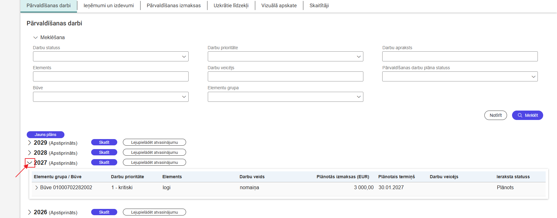Attēls. Izvērst pārvaldīšanas darbu sarakstu.