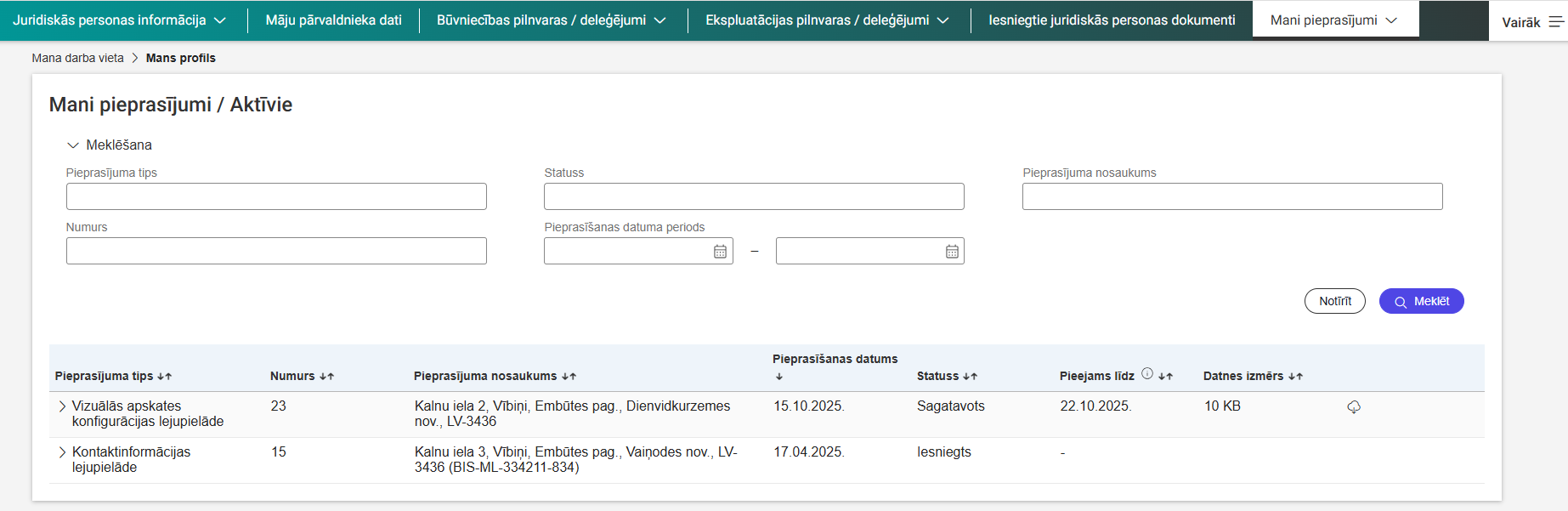 Sttēls. Izveidotā izdruka sadaļā %22Mani pieprasījumi%22.