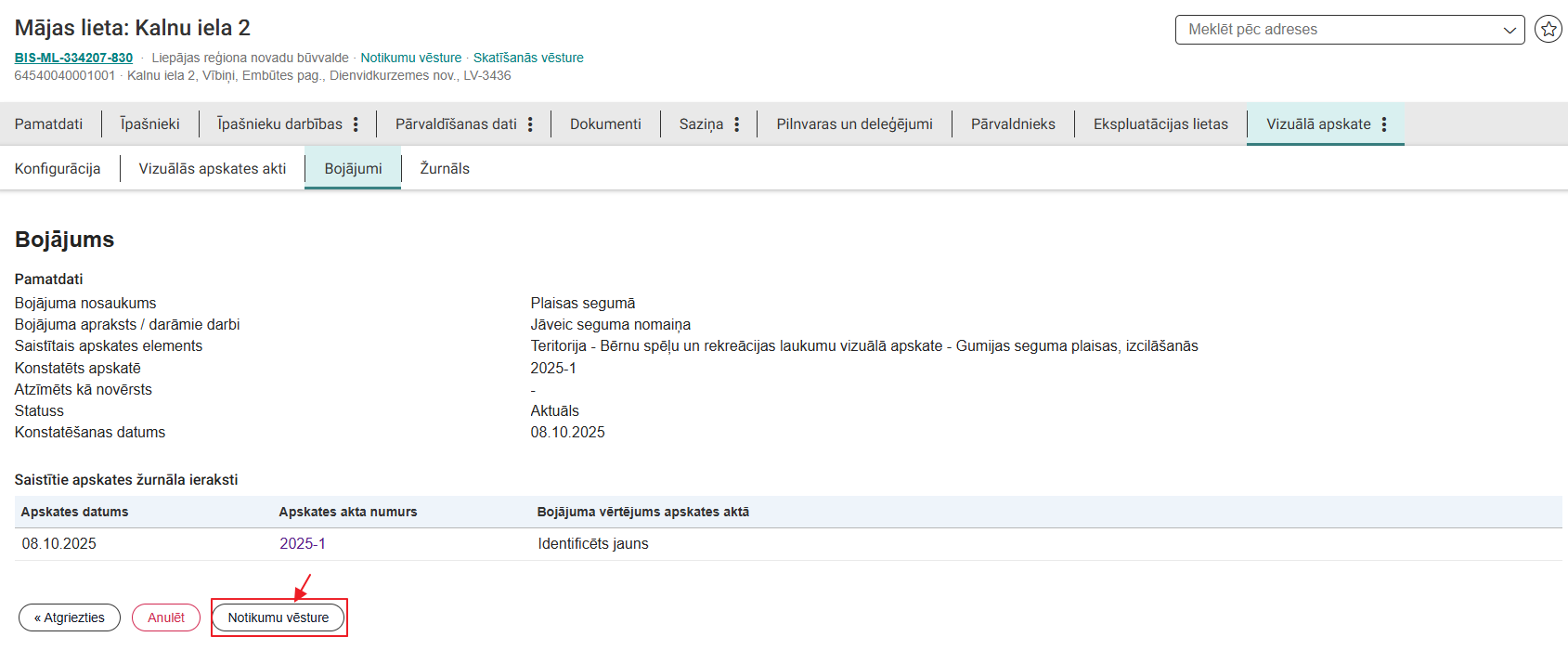 Attēls. Atvērt Bojājuma notikumu vēsturi.
