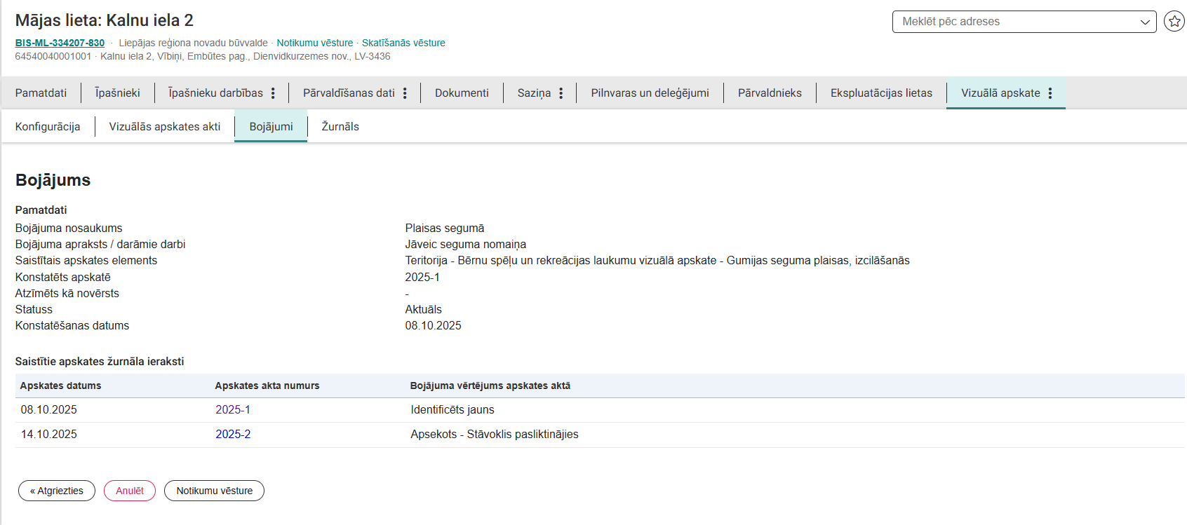 Attēls. Bojājuma dati.