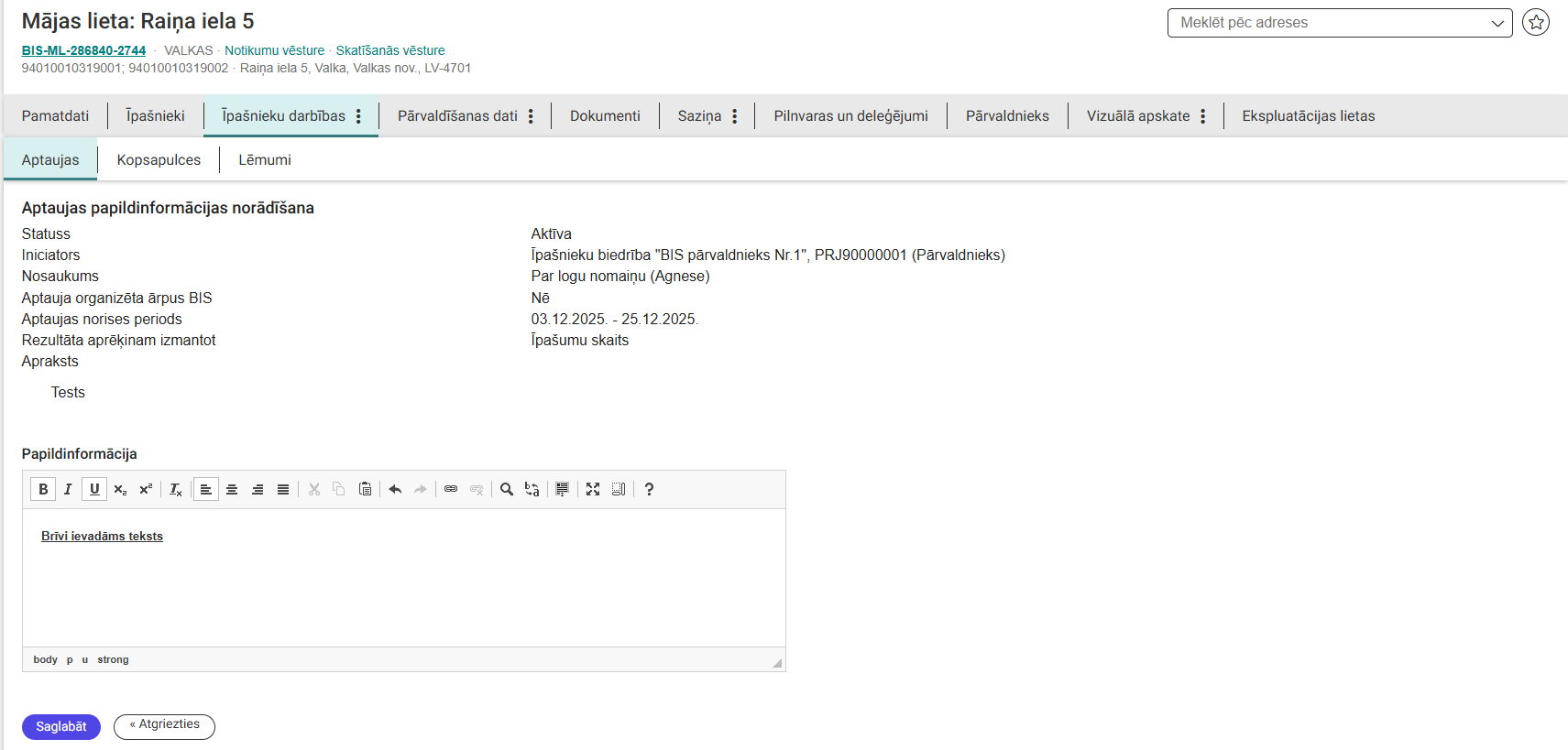 Attēls. Teksta ievades redaktors aptaujas papildinformācijas norādīšanas formā.