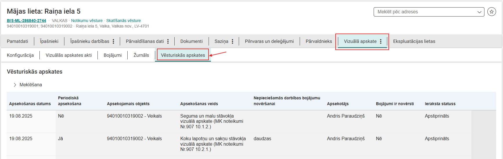 Attēls. Mājas lietas sadaļas %22Vizuālā apskates%22 apakšsadaļa %22Vēsturiskās apskates%22.