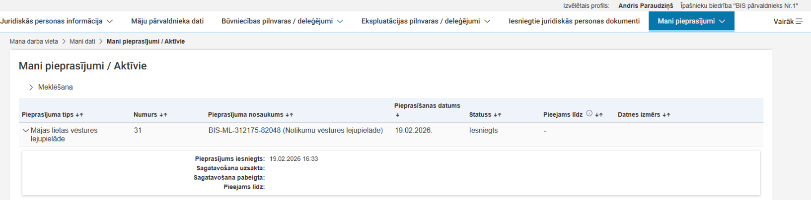 Attēls. Sadaļa %22Mani pieprasījumi%22.