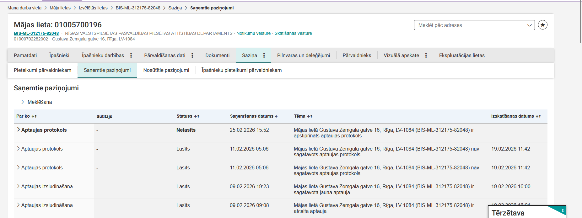 Attēls. Saņemtie paziņojumi Mājas lietā.