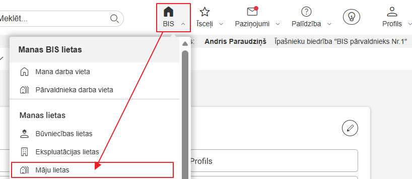 Attēls. Atvērt māju lietu sarakstu.
