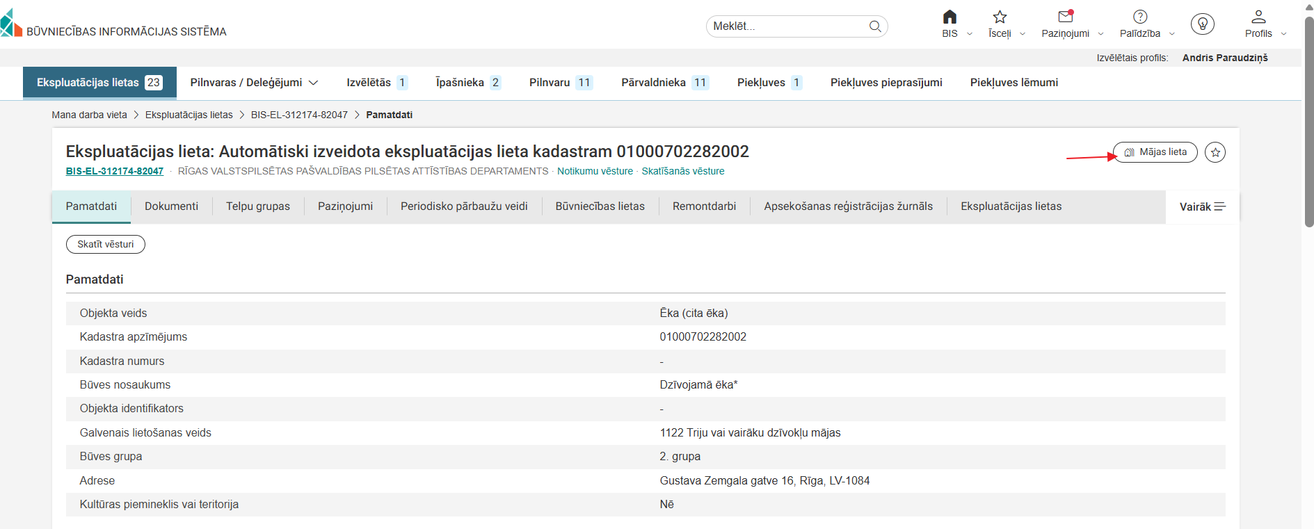 Attēls. Atvērt ekspluatācijas lietai piesaistīto māju lietu.