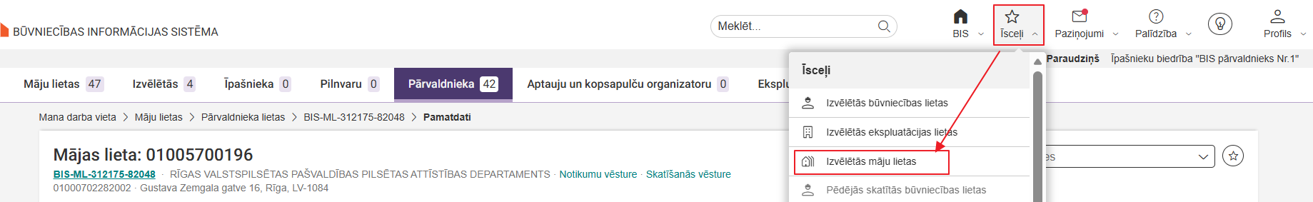 Attēls. Atvērt Izvēlēto māju lietu sarakstu.