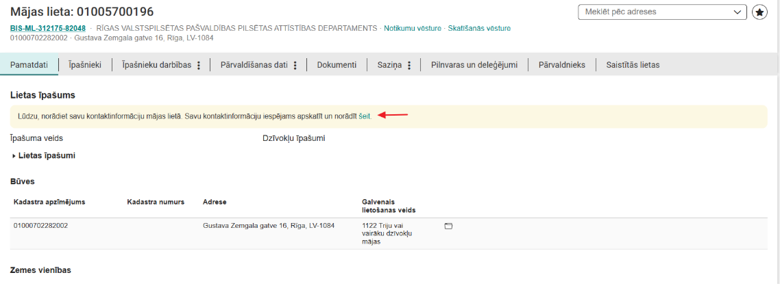 Attēls. Informatīvs brīdinājums par nepilnīgu kontaktinformāciju.