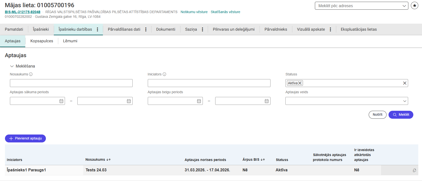 Attēls. Māju lietas sadaļa “Aptaujas”, aktīvas aptaujas