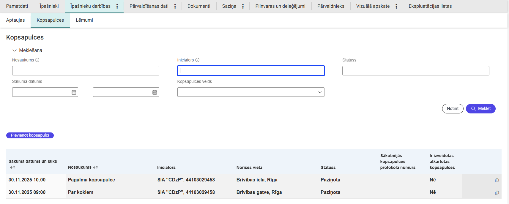 Attēls. Māju lietas. Sadaļa “Kopsapulces” - vizuāli izceltas aktīvās kopsapulce.