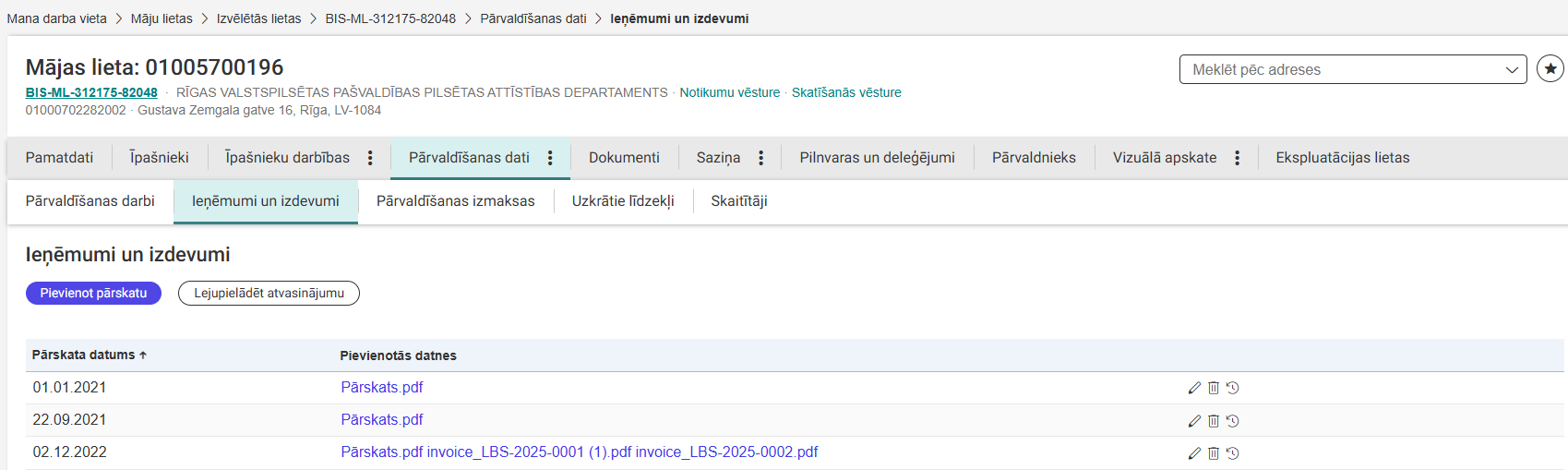 Attēls. %22Ieņēmumu/izdevumu%22 pārskatu saraksts.