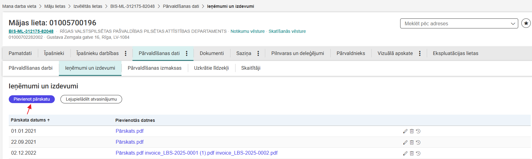 Attēls. Mājas lietas ieņēmumu / izdevumu pārskata pievienošana.