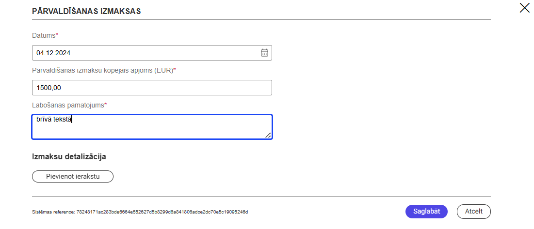 Attēls. Pārvaldīšanas izmaksu pievienošana/labošana.