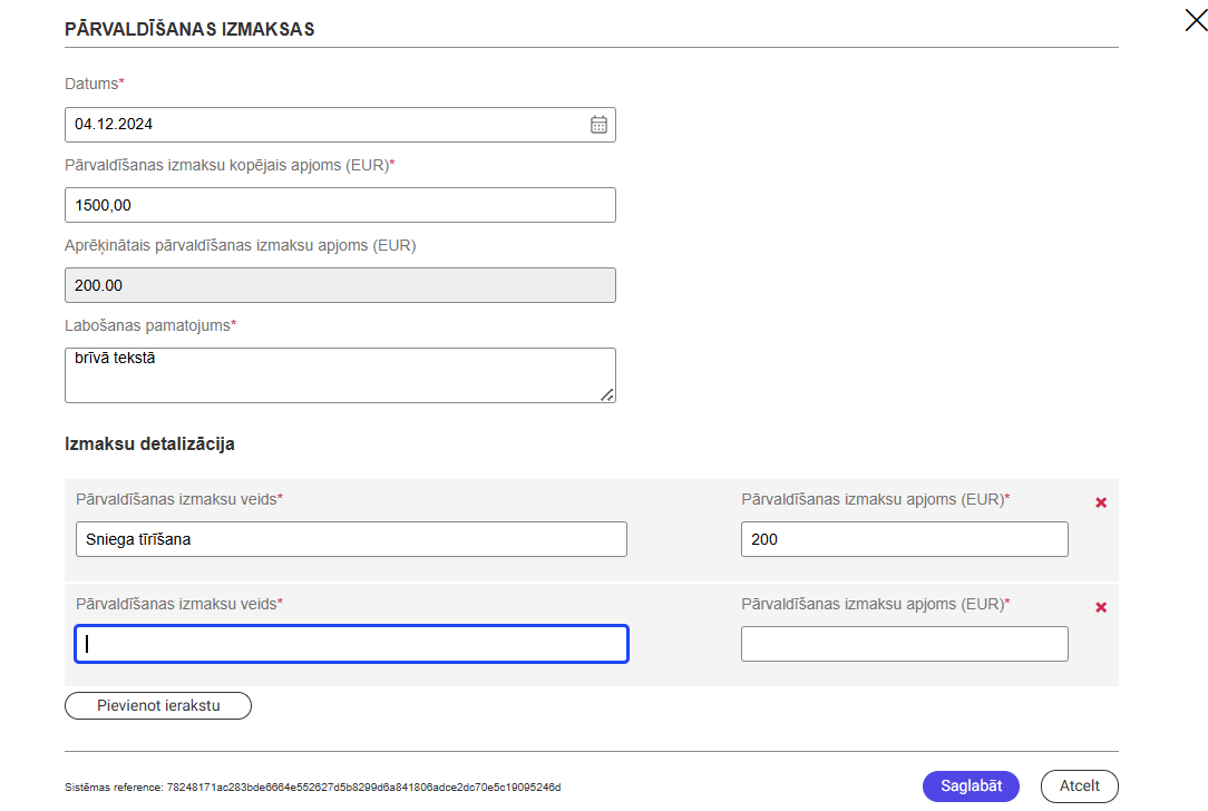 Attēls. Pārvaldīšanas izmaksu pievienošana/labošana - izmaksu detalizācija.
