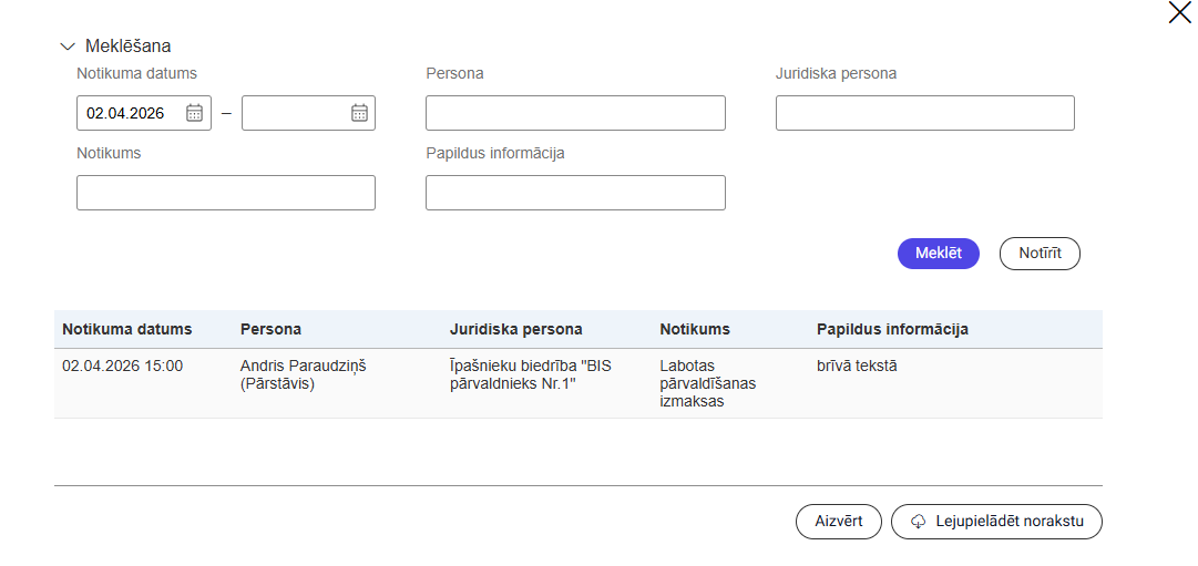 Attēls. Māju lietas notikumu vēstures ieraksts.