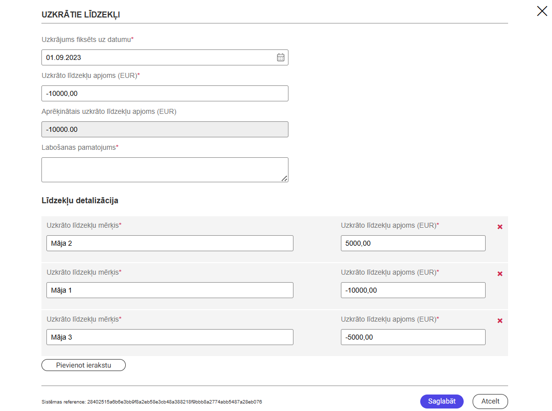 Attēls. Uzkrāto līdzekļu labošana/ pievienošana.