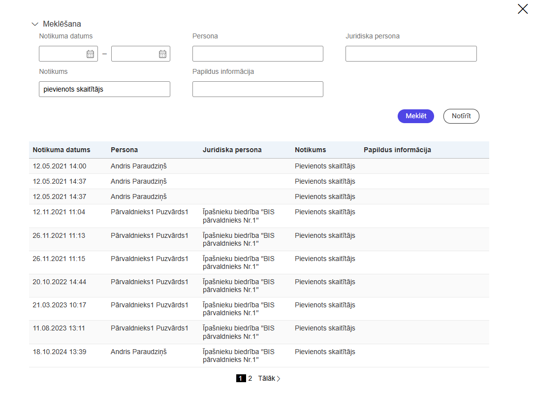 Attēls. Skaitītāja pievienošanas notikumi Māju lietas notikumu vēsturē.