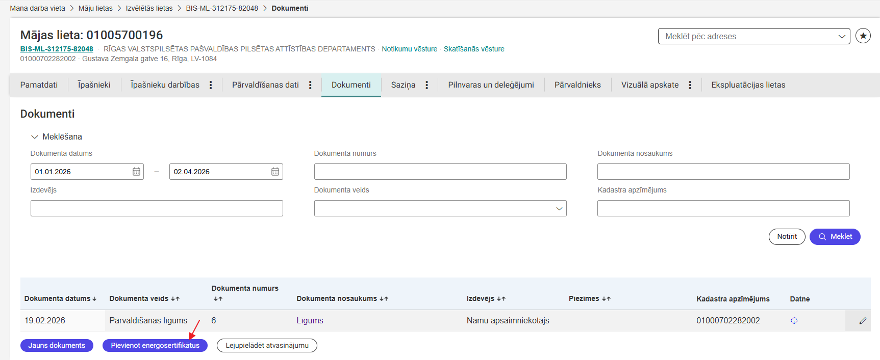 Attēls. Pievienot energosertifikātu Mājas lietai.